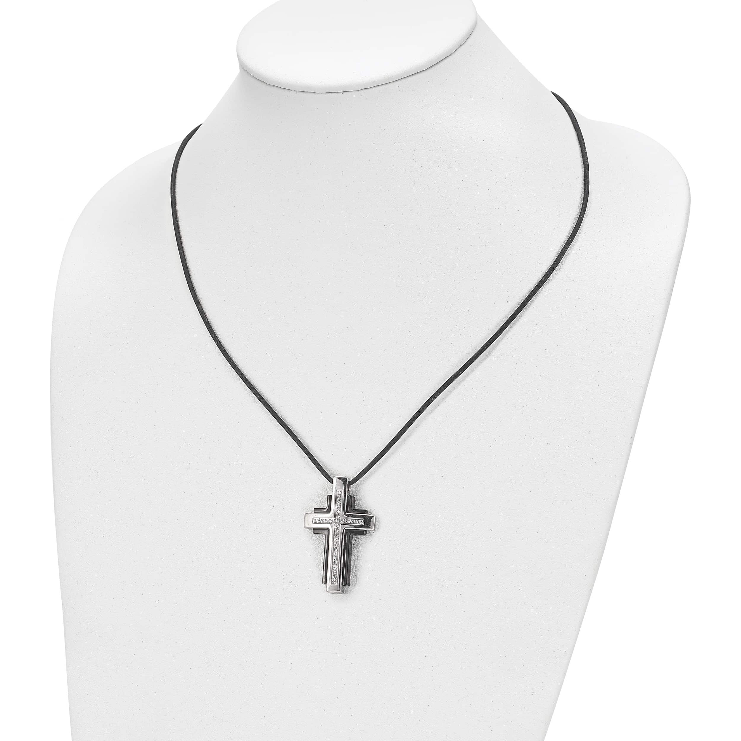 Stainless Steel Polished Black Ip With Cz Cross Leather Cord Necklace (18 X 22) Made In China srn860-18