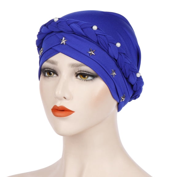 LiuXxxx Elegant Beaded Turban Wrap Hat for Women Ruffle Cancer Headwear Cap Blue