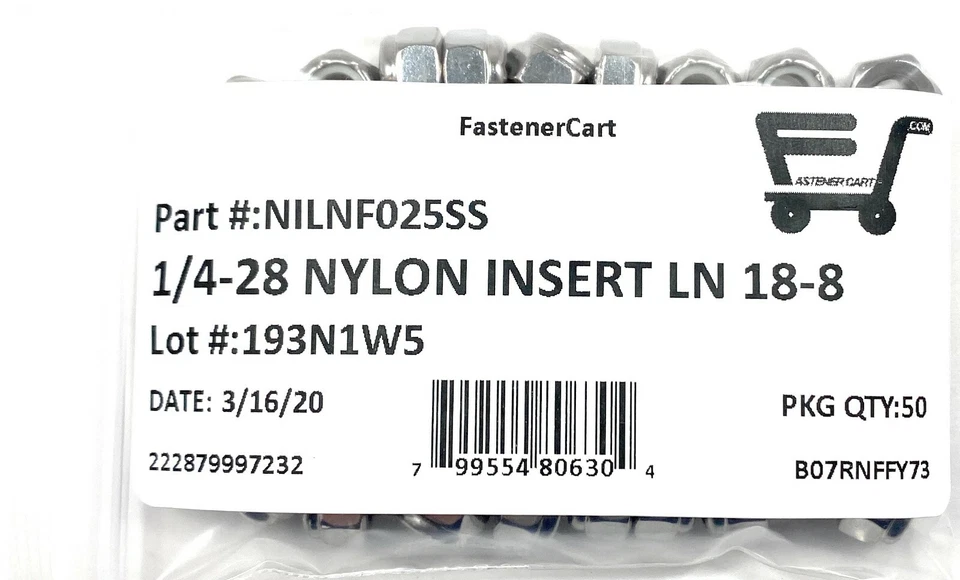 CIRCLE- (50) 1/4-28 Stainless Steel Nylon Insert Lock Nuts - Fine Thread Unf 1/4-28