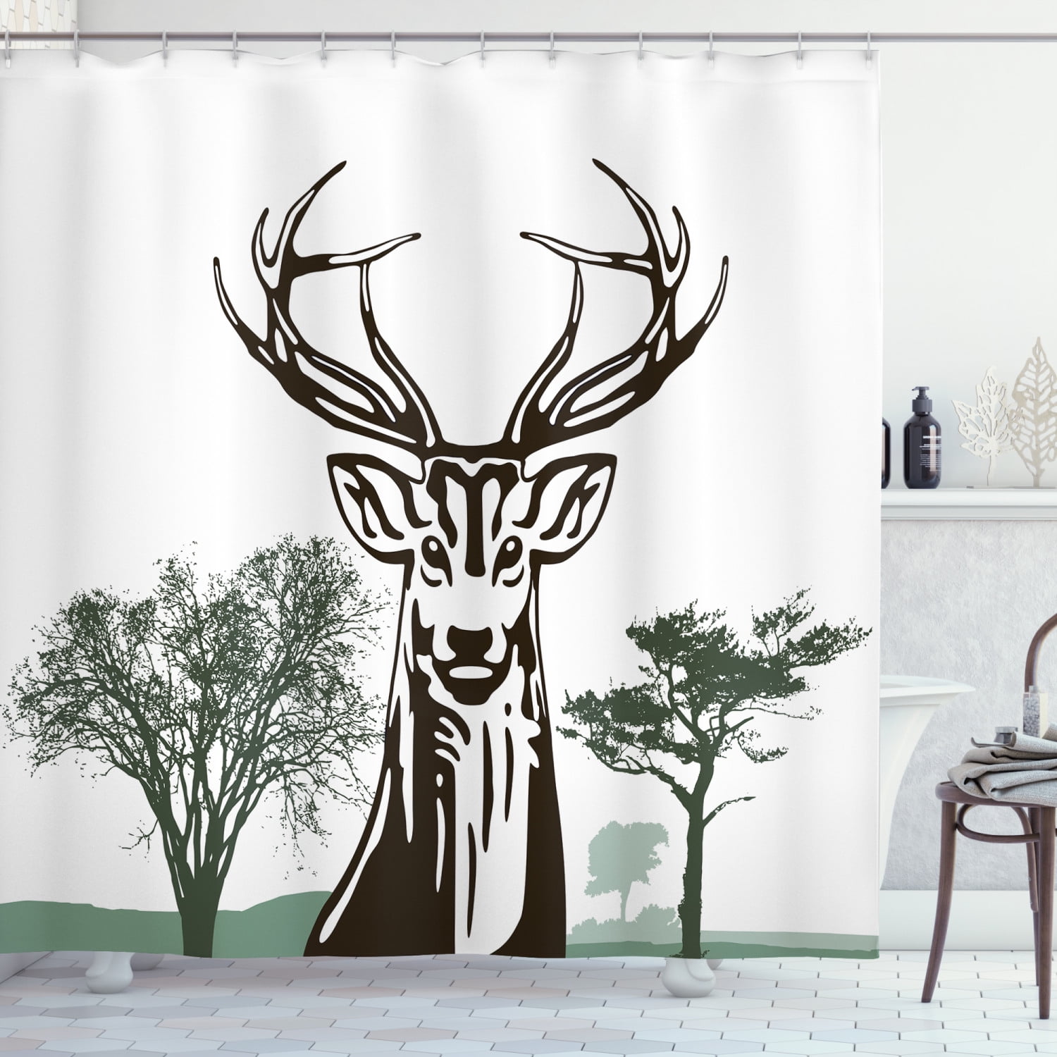 12 Hooks Animal Moose Shower Curtain Vintage Farmhouse Fabric Bath Curtains 