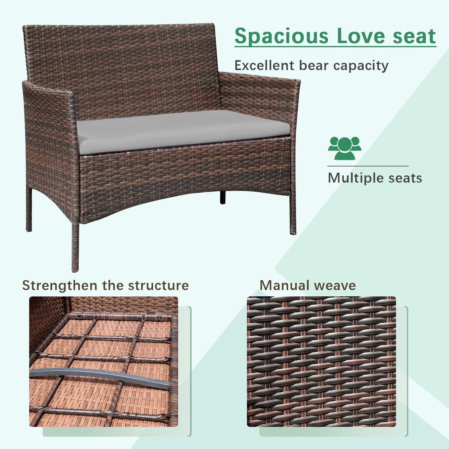 Devoko 4 Pieces Outdoor Patio Conversation Set PE Rattan Wicker Furniture Set, Brown/Gray