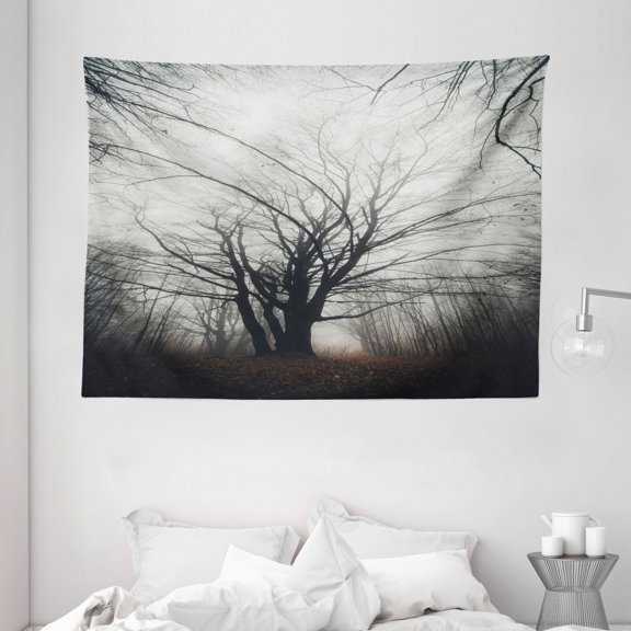 Nature Decor Tapestry, Vertical Photo of Autumn Tree in Dark Haunted Foggy Mist Mysterious Forest Picture, Wall Hanging for Bedroom Living Room Dorm Decor, 80W X 60L Inches, Grey, by Ambesonne