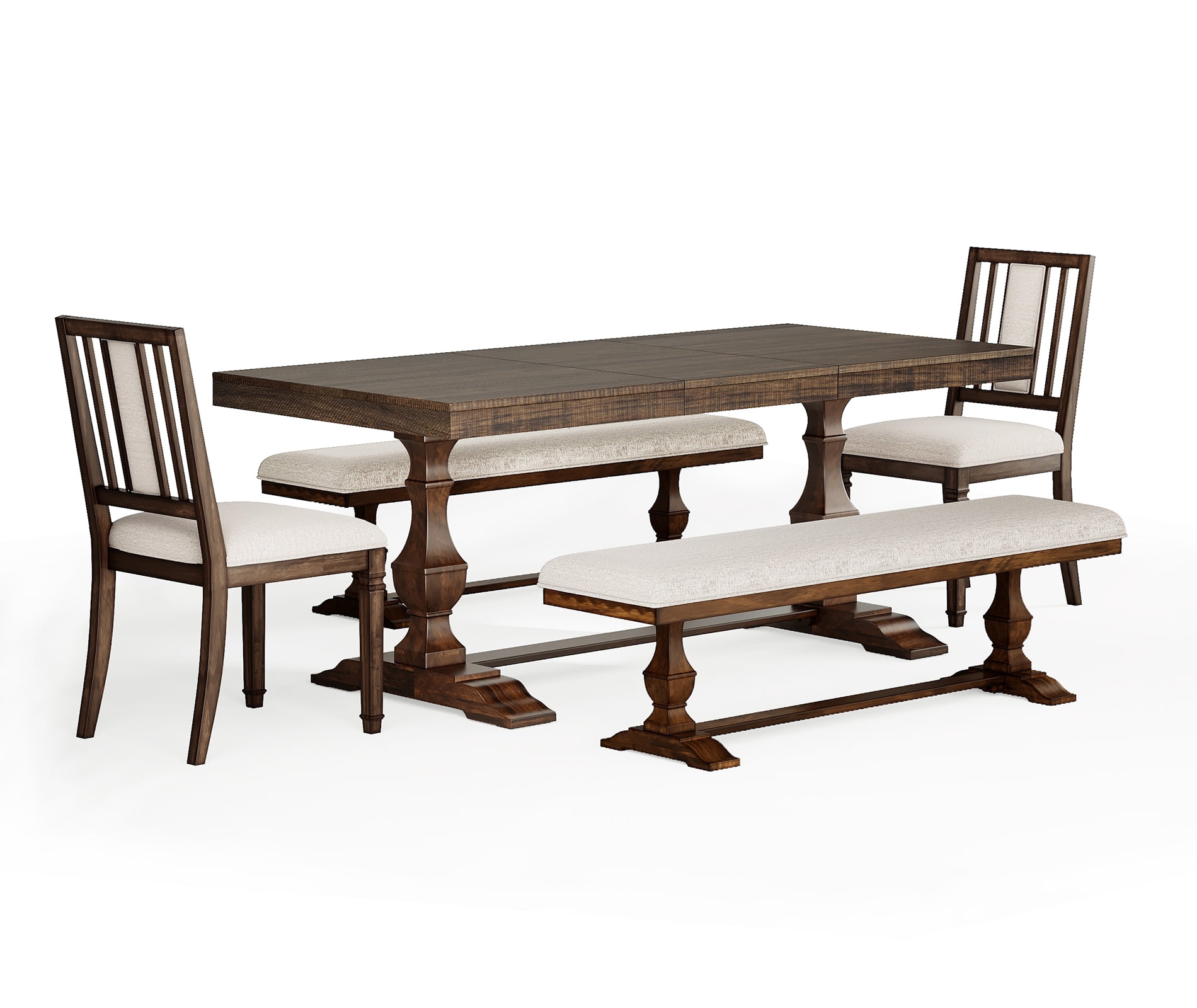 WAMPAT 5-pieces Farmhouse Dinning Table for 6-8,74.8" Kitchen Table Set with 2 Benches and 2 Chairs,Solid Wood Legs and Cushion Seat for Kitchen & Living Room,Brown