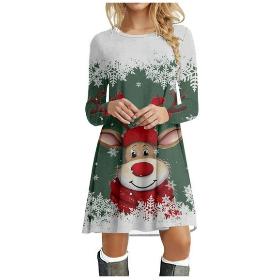 Christmas Dresses for Womens Holiday Dresses Christmas Womens Long Sleeve Crew Neck Deer Printed Soft Dress Fashion Party Swing Dress