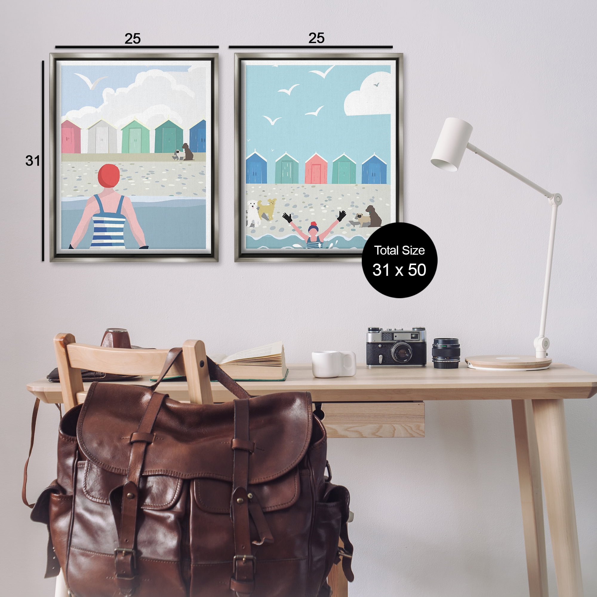 Stupell Industries Beach Changing Huts Dogs Nautical & Beach Painting Gray Floater Framed Canvas Art Print Wall Art, 31 x 25, Set of 2