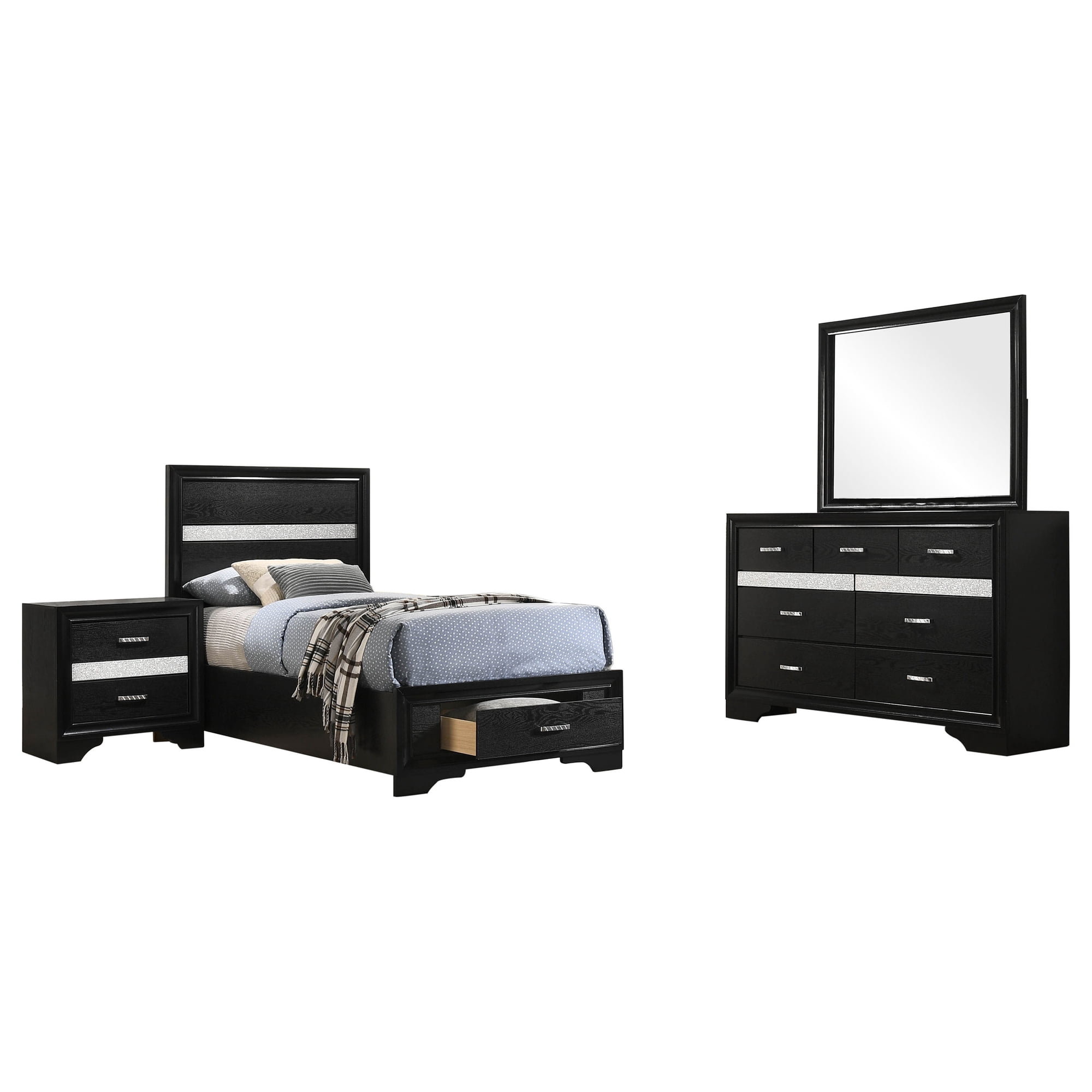 4-Piece Twin Bedroom Set, Black Finish, Modern Glam Design with Crystal-Inspired Details, Platform Bed, Nightstand, Dresser & Mirror, Wood Furniture