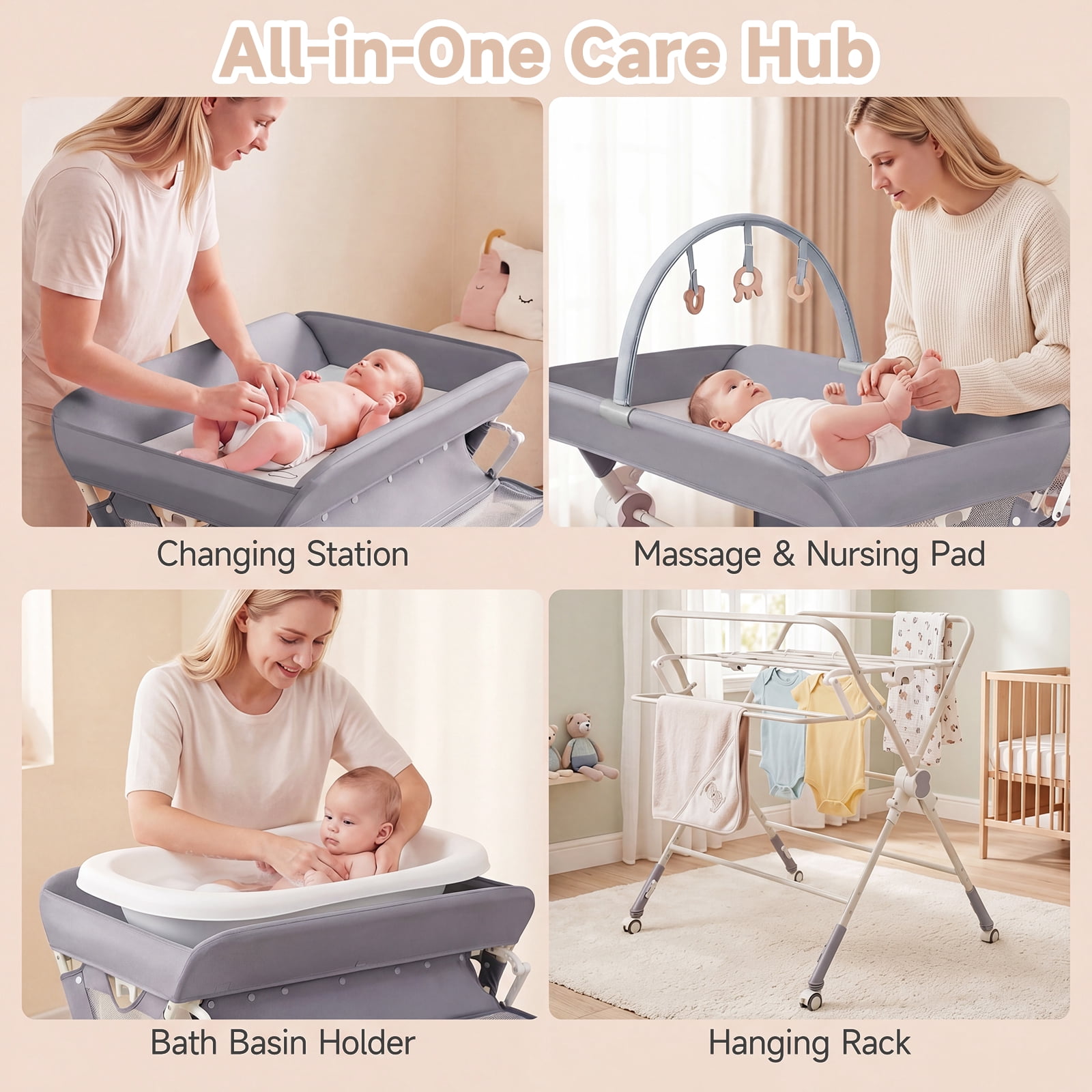 INFANS Portable Baby Changing Table with Wheels, Foldable Diaper Changing Station with Adjustable Heights, Large Organizer Storage for Newborn Infant
