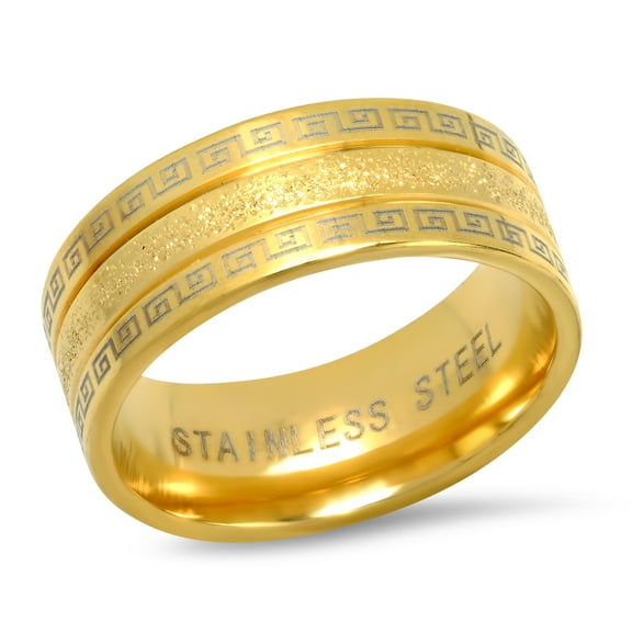 Men's 18K Gold Plated Stainless Steel Sand Dust Inlay Ring with Greek Key Accents
