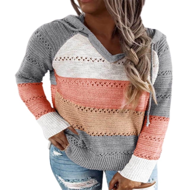 Chandails de Mode pour Femmes Manches Longues Hiver Automne Col en V Patchwork à Capuche Décontracté Ample Pull-Over Grande Taille