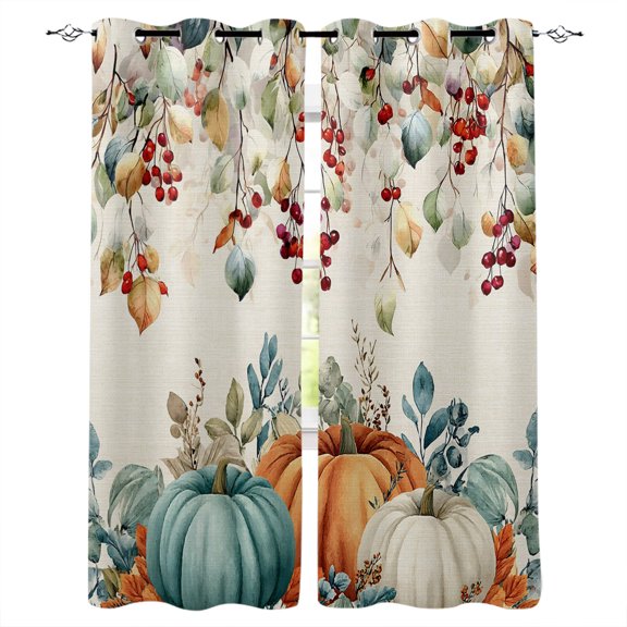 Thanksgiving Leaves Blackout Curtains for Bedroom Living Room, Eucalyptus Leaves Pumpkins Linen 84 In Long Thermal Insulated Room Darkening Drapes Grommet Window Treatments, 42 x 84 In
