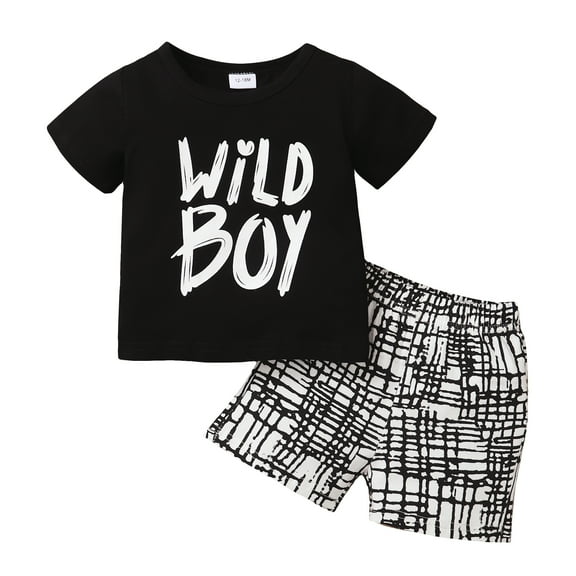 Kucnuzki 3T Toddler Boy Spring Summer Outfits Shorts Sets 4T Short Sleeve Casauk Letter Pattern T-Shirt Top Elastic Lattice Shorts 2PCS Set Black