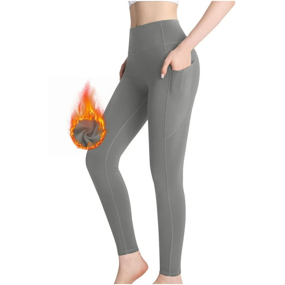 VKOYWKM Yoga Leggings for Women Fleece Lined Warm Leggings Slim Fit Elastic High Waisted Leggings Solid Color Stretchy Workout Leggings with Pockets Size M Gray