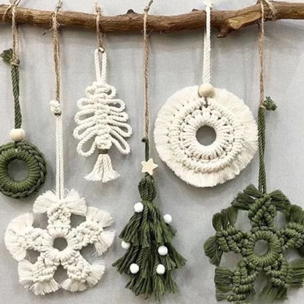 Puntoco Árbol de Navidad pequeño tejido a mano con forma de copo de nieve y círculo navideño, colgante pequeño para colgar en la pared
