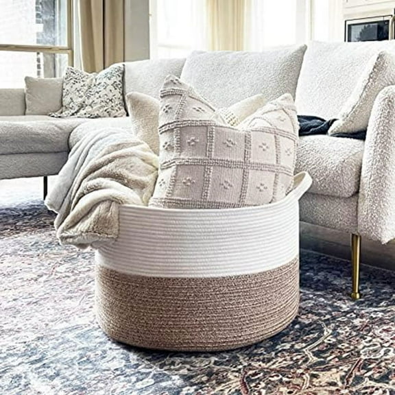 Cotton Rope Basket About 22Inch X 14Inch Woven Baby Laundry Blanket Basket Toy Basket with Handle Storage Comforter