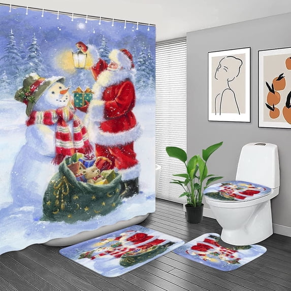FMSHPON Cute Santa ClausSnowman 4 Piece Bathroom Set Shower Curtain Bath Rug Contour Mat and Toilet Lid Cover