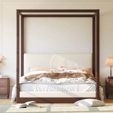 Euroco Wood Queen Size Canopy Bed with Upholstery Headboard, Espresso