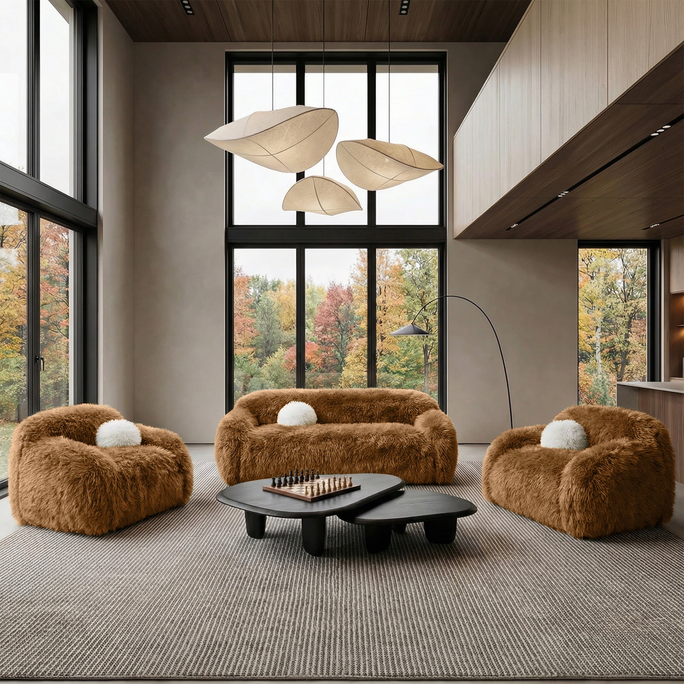 Aukfa Oversized 360° Swivel Sofa Chiar, 43.3" Plush Faux Fur Accent Chair with Ball Pillows, Brown