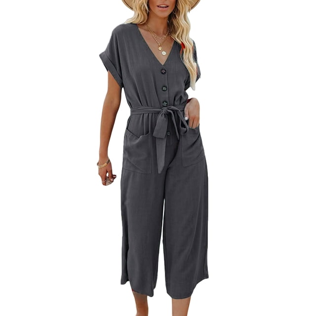 VISgogo Mono recortado para mujer, manga corta, cuello en V, cierre de botón, lazo en la cintura, pantalones sólidos con bolsillos VISgogo moda