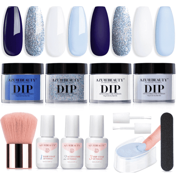Azurebeauty 4 Colors Acrylic Dipping Powder Nail Kit, White Navy Blue Glitter Dip Powder Set with Base Coat, Top Coat & Activator, DIY French Manicure Nail Art Kit for Women