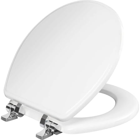 Weston Round Soft Close Enameled Wood Never Loosens Chrome Metal Hinge Toilet Seat in White