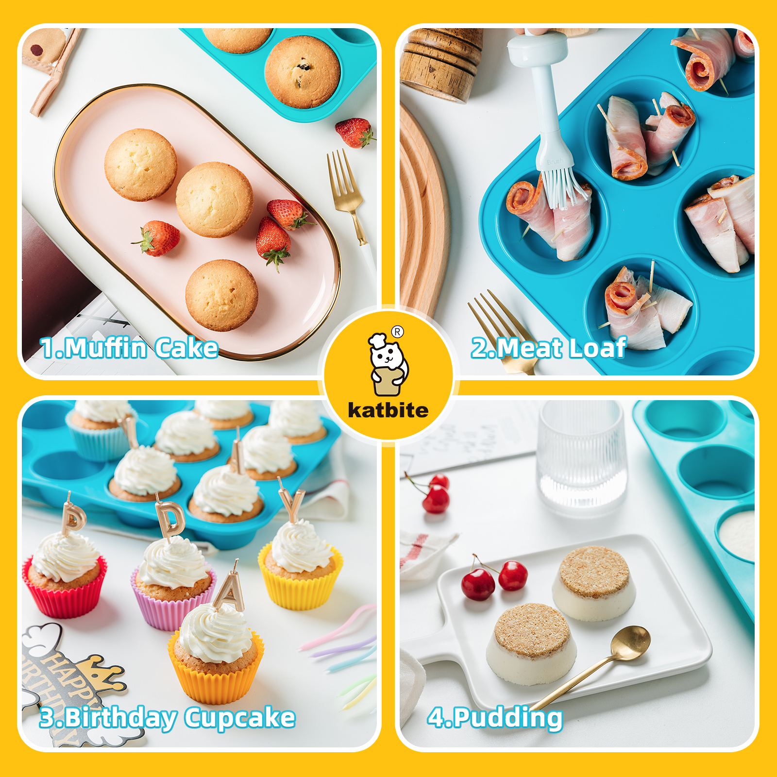 Katbite 12-Cup Silicone Muffin Pan, Blue photo 6