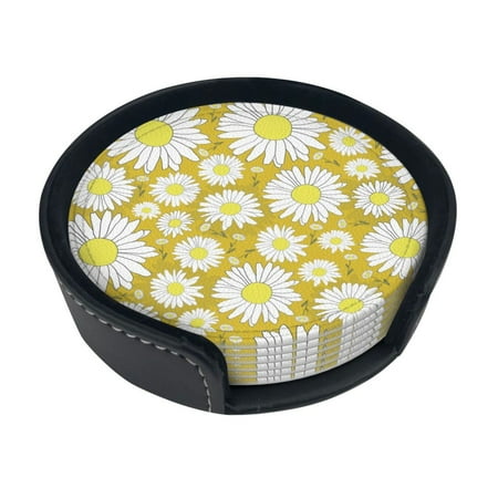 

6 Pieces Of Round Leather Coasters Anti-Fouling And Anti-Ironing Coasters Suitable For Home Restaurants Kitchen Offices And So On White Chrysanthemum Flower