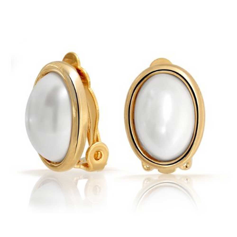 Bling Jewelry Oval Clip On Earrings Vintage Style White Simulated Bling Jewelry Oval Clip On Earrings Vintage Style White Simulated Pearl Cabochon Gold Plated Br
