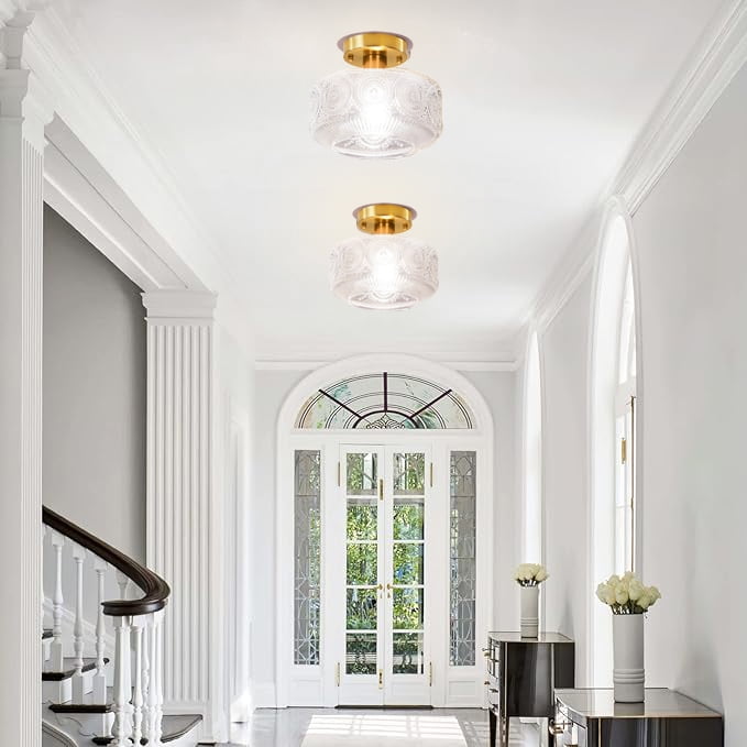 Semi Flush Mount Ceiling Light Fixture,Glass Ceiling Light,Gold Light Fixture Ceiling Mount,Vintage Ceiling Light for Hallway Bedroom Kitchen Entryway Living Room