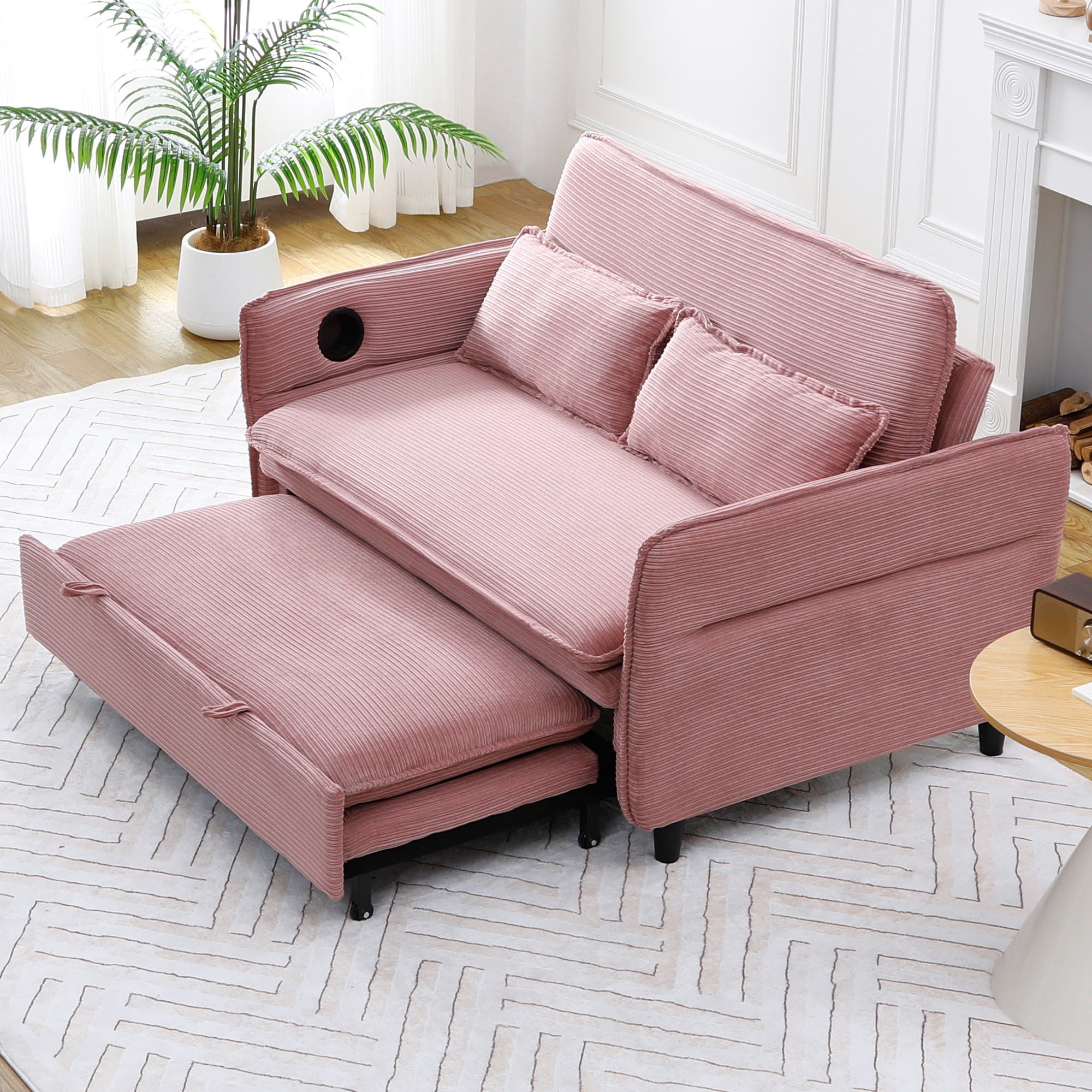 Gewnee 66''Pull-Out Sofa Bed,Adjustable Armrests and Backrests with Cup Holders,Multi-Functional Sofa Bed Suitable for Living rooms and Bedrooms.(Pink)