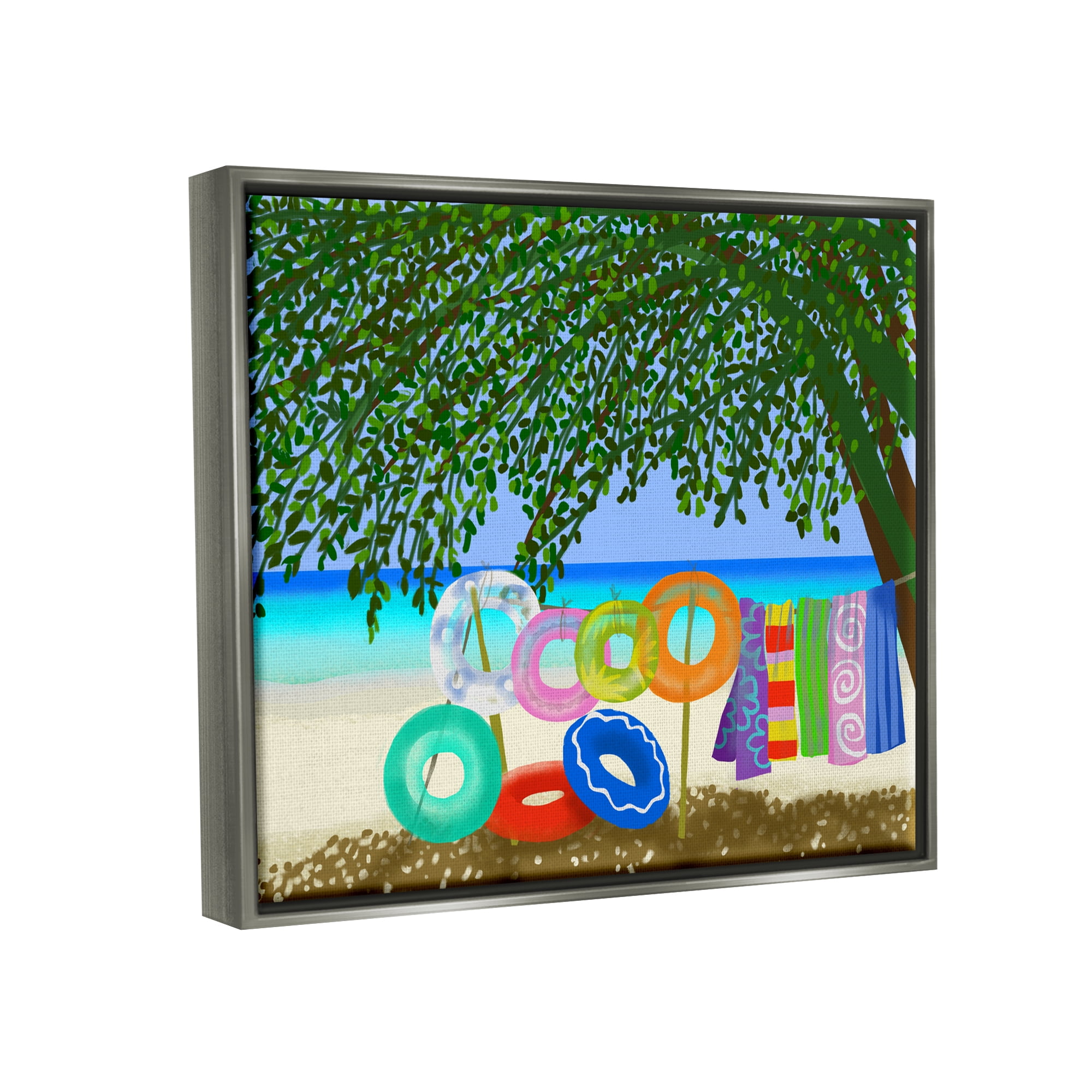 Stupell Industries Bold Beach Floats Overhanging Tree Coastal Shoreline Graphic Art Luster Gray Floating Framed Canvas Print Wall Art, Design by unknown