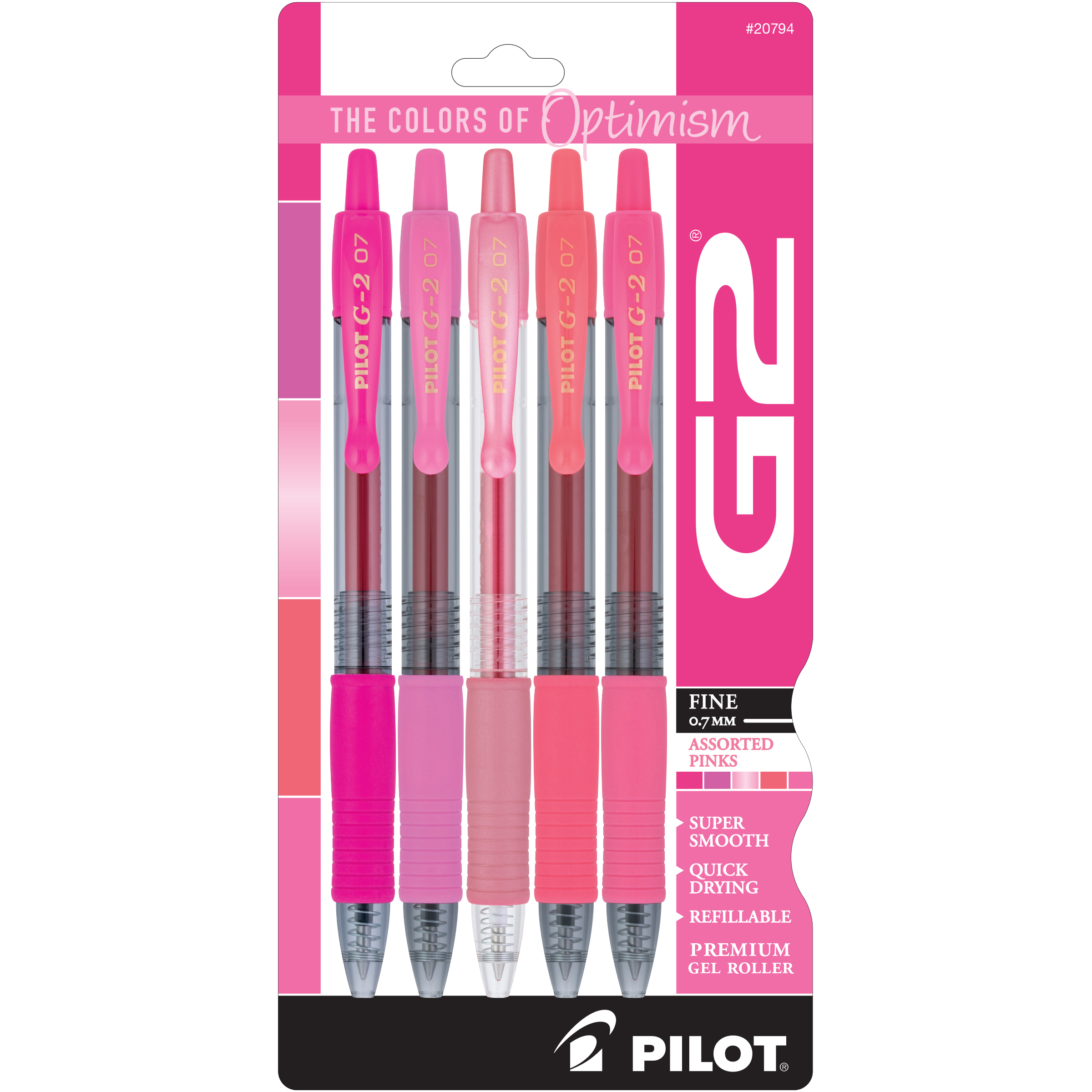 Pilot G2 Retractable Gel Pens, Pink Premium, 0.7mm Fine Point, Assorted Colors, 5 Count