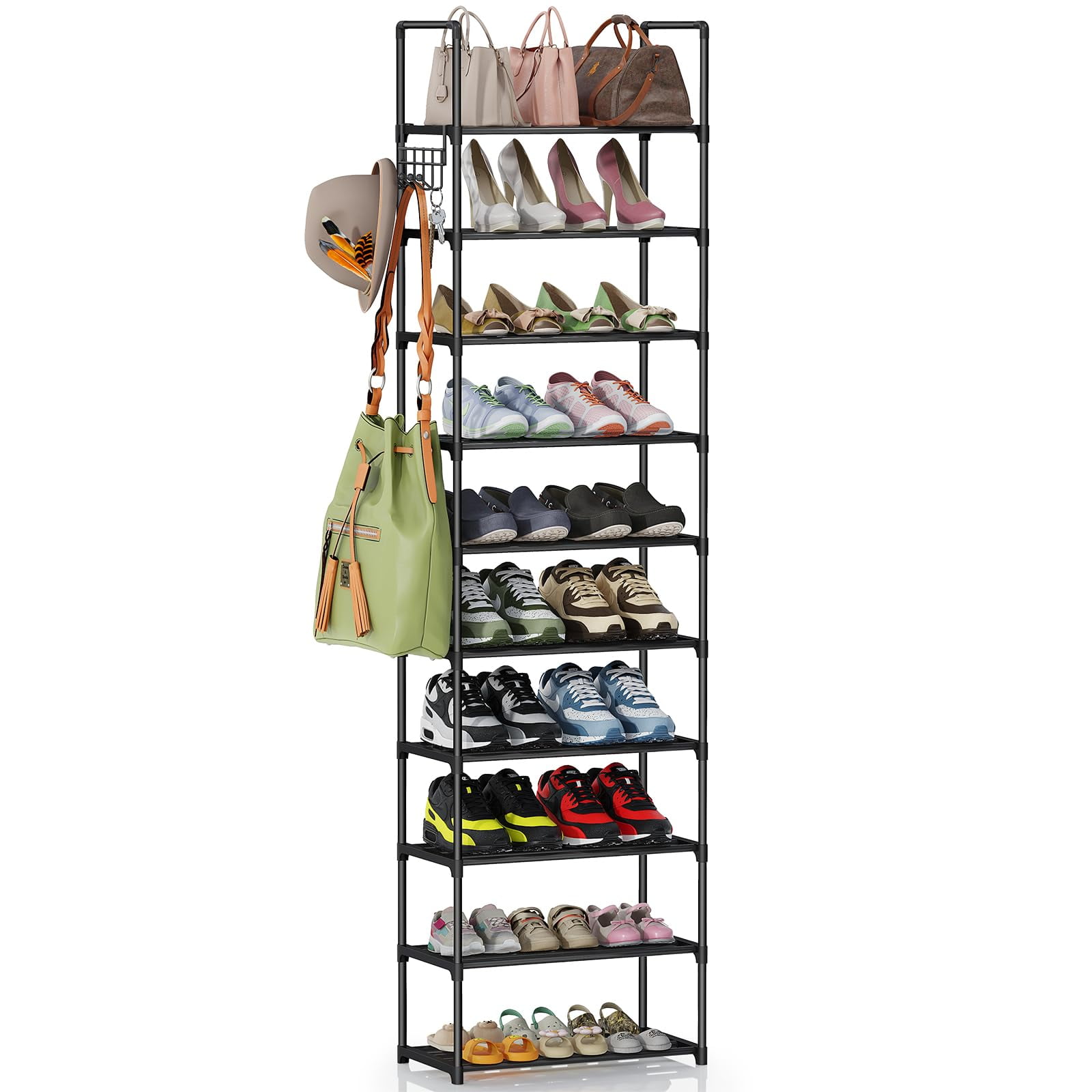BUG HULL 10 Tier Metal Shoe Rack Stackable with Hooks Organizer for 20 24 Pairs Black Walmart