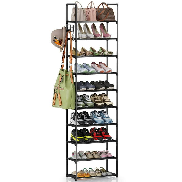 10 Tier Metal Shoes Rack BUG HULL Narrow Stackable Shoes Shelf with Hooks Shoe Tower for 20 24 Pairs Shoe and Boots Organizer Black