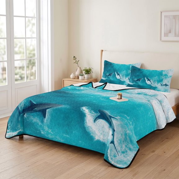 Summer Ocean Shark Blue Watercolor 3 Pieces Quilt Set,1 Quilt with 2 Shams,Sea Marine Animal Pattern Bedspread Soft Lightweight Bedding Coverlet Comforter Set for All Season 90"x96"