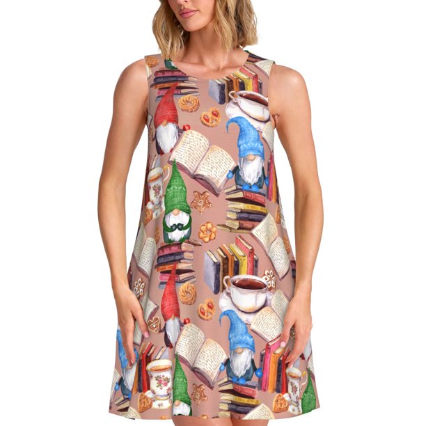 Easygdp Gnomes Books Tea Cups para Vestido Transpirable de Mujer, Vestido Suelto de Manga Corta con Pliegues y Bolsillos para el Verano