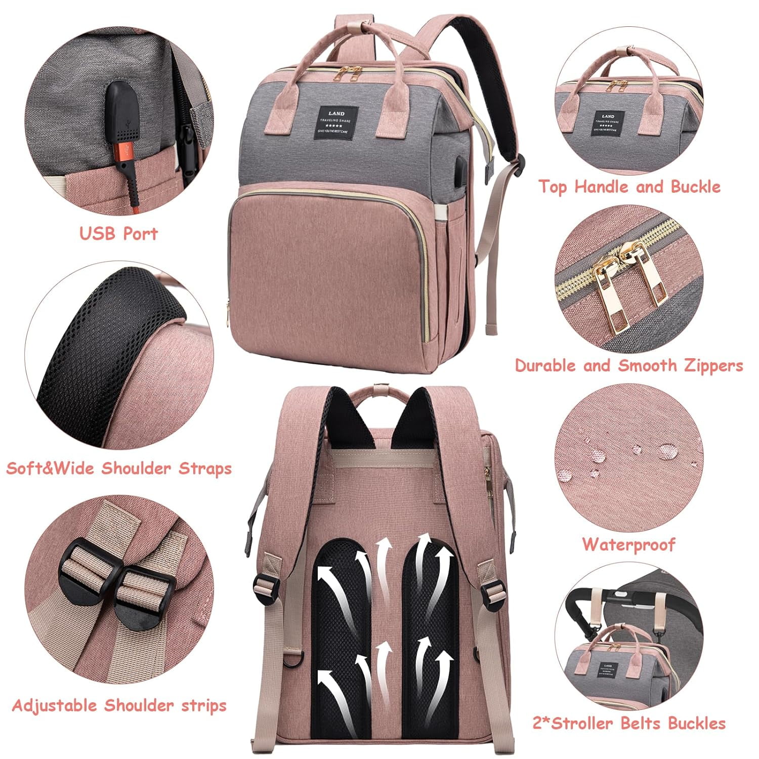 RSENFREMIOR Diaper Bag with Changing Station for Mom Dad, Large Capacity Travel Backpack with Foldable Crib for Girls Boys