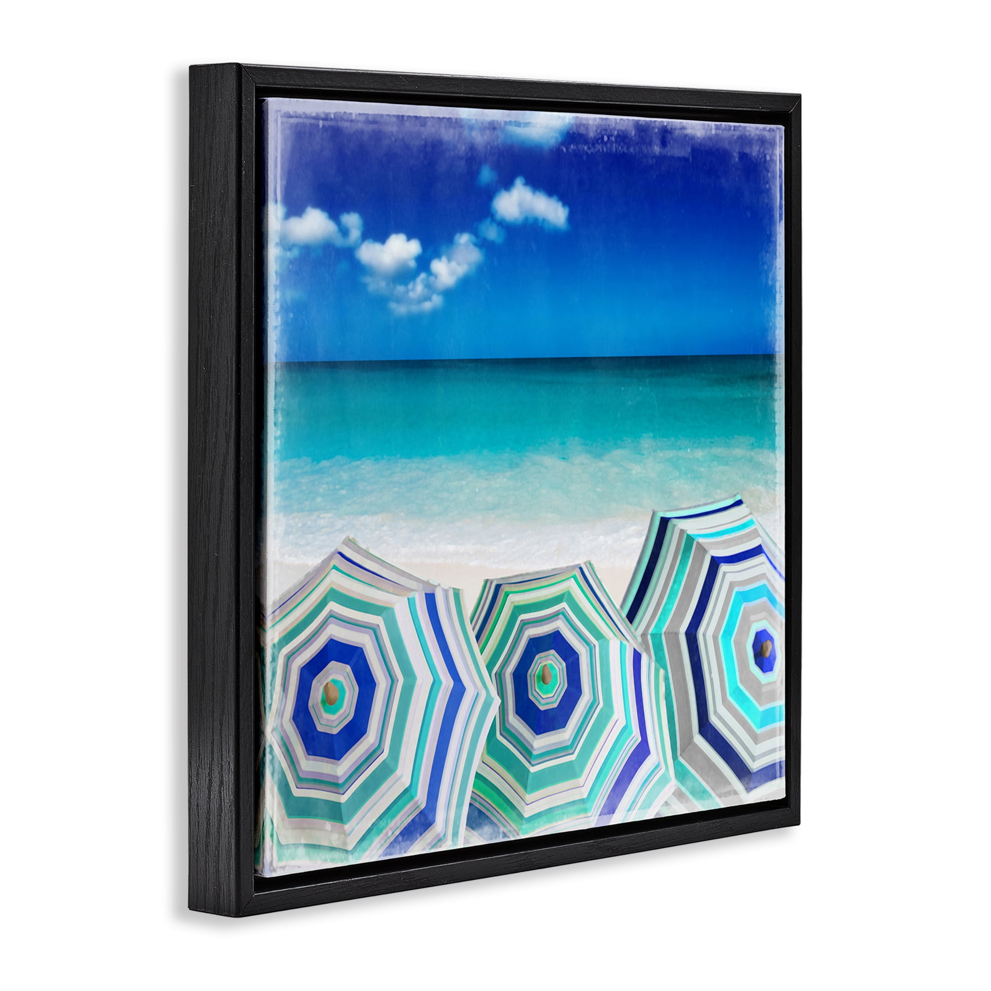 Stupell Industries Three Beach Umbrellas View Nautical & Beach Painting Black Floater Framed Canvas Art Print Wall Art, 25 x 25