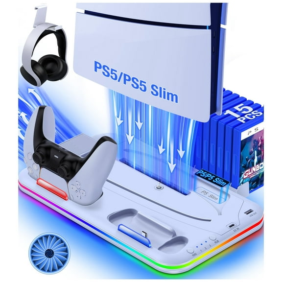 PS5 Stand and Cooling Station with Controller Charging Station for P5 Slim, PS5 Accessories Incl. 3 Levels Cooling Fan, 15 Game Storage, Headset Holder for Playsation 5 Digital/Disc, White