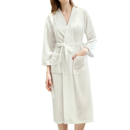

Homgro Women s Waffle Bathrobe Soft Lightweight Kimono Bath Robe Knee Length Sleeping Cozy Weave Spa Robe Spring Summer Fall White X-Large