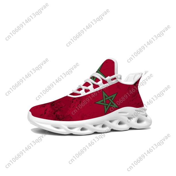 Zapatillas deportivas planas con bandera marroquí para hombre y mujer, calzado deportivo marroquí de alta calidad con cordones de malla, calzado a medida, color blanco
