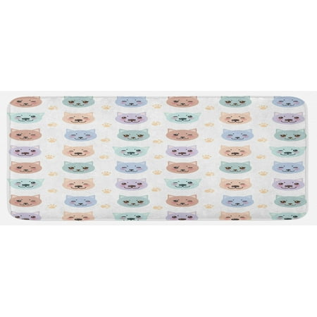 

Cat Kitchen Mat Smiling Cat Muzzle and Paw Prints Pattern on Animal Themed Kitty Plush Decorative Kitchen Mat with Non Slip Backing 47 X 19 Multicolor by Ambesonne