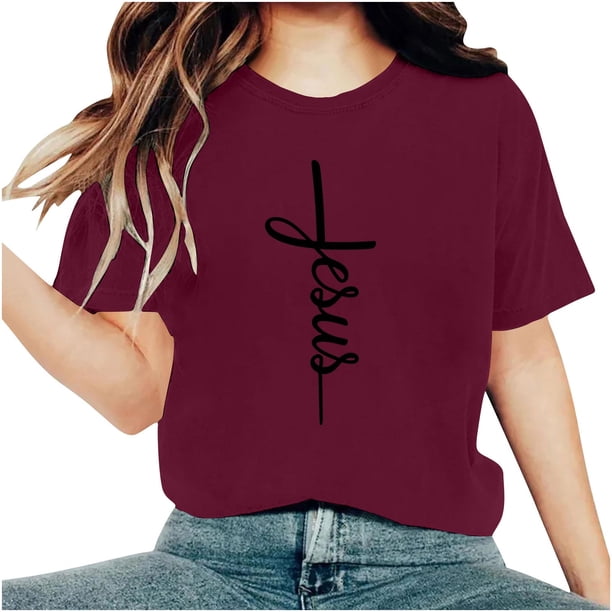 Camisetas de Cuello de Tripulación de Manga Corta para las Mujeres Cartas de Impresión de Pascua Camiseta de Manga Corta, Spandex de Poliéster