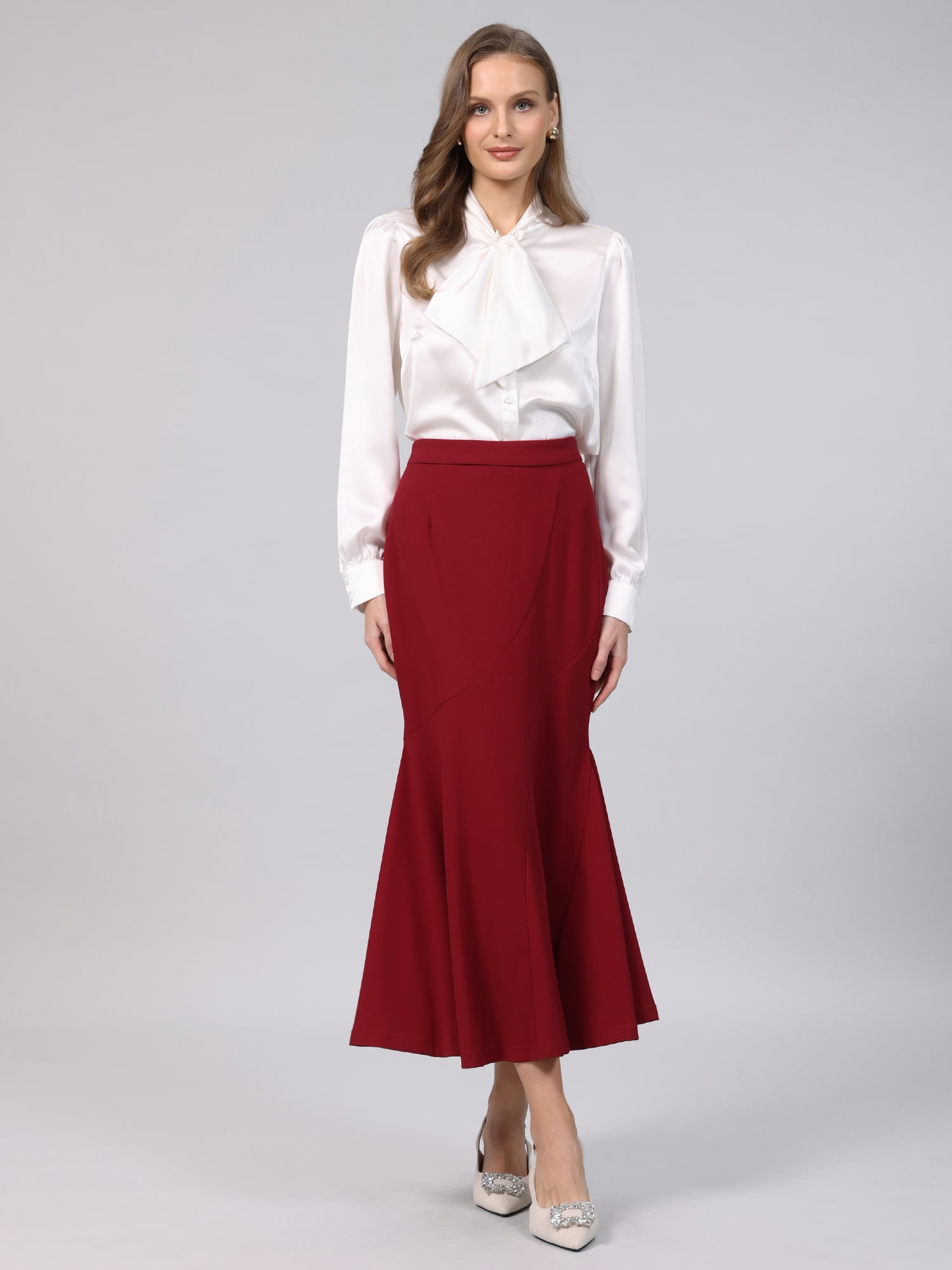 DARING DIVA Women's Fishtail Long Skirt High Work Maxi Mermaid Skirts XL Dark Red