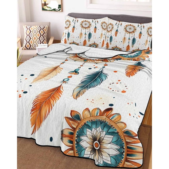 Boho Geometric Twin Size Down Alternative Comforter, Lightweight Comforter Quilt Bedding Set with Pillow Shams Ethnic Feathers Patterns Retro Farmhouse All Seasons Bed Comforter Duvet Insert 68"x86"