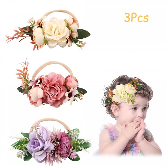 VANIDO 3 Pack Baby Girl Floral Headbands Set - Flower Crown Newborn Toddler Hair Accessories (1-6 years old)