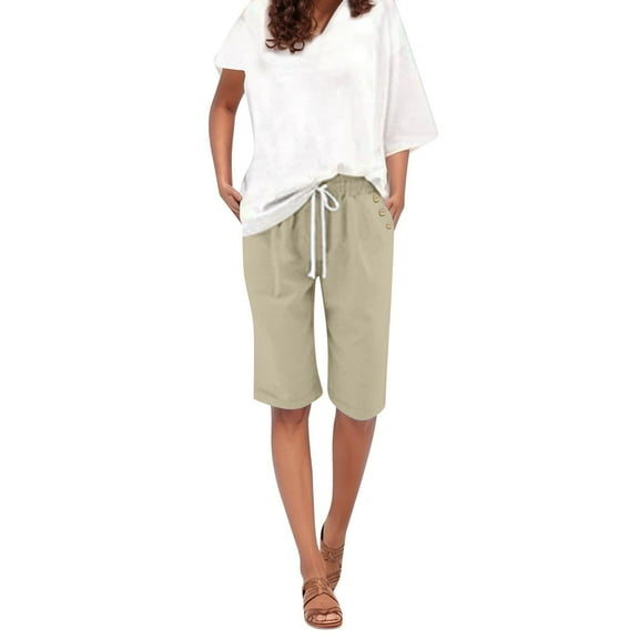 Hot Sale!! Women's Bermuda Linen Shorts Knee Length Long Comfy Drawstring Walking Shorts for Women with Deep Pockets Ladies Casual Thin Outer Wear Elastic Belt In Trousers Large Size Loose Pants