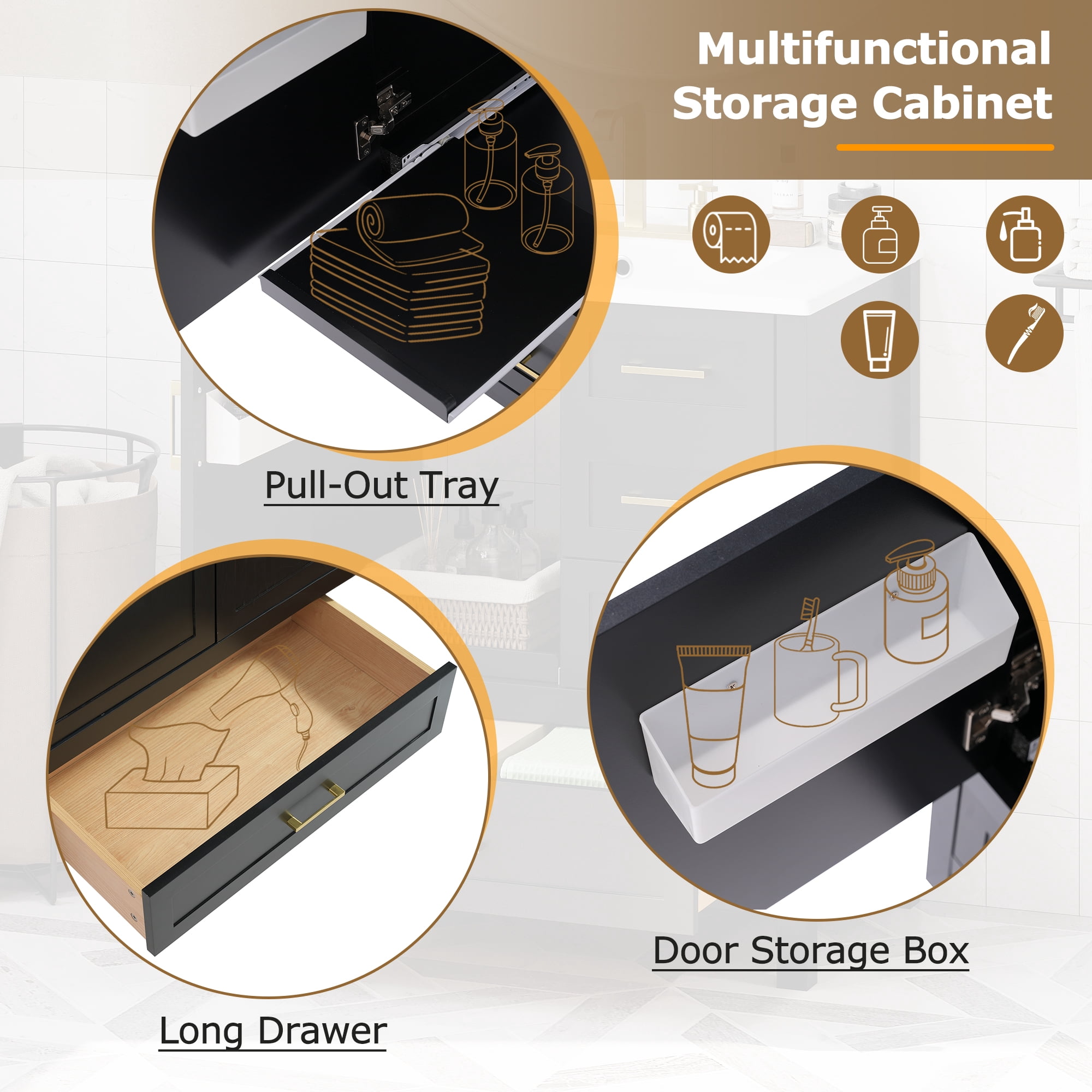 Euroco 30" Black Bathroom Vanity with Sink Combination Set, Bathroom Storage Cabinet with Soft Close Door, 3 Soft Close Drawers and Removable Tray, Solid Wood Frame