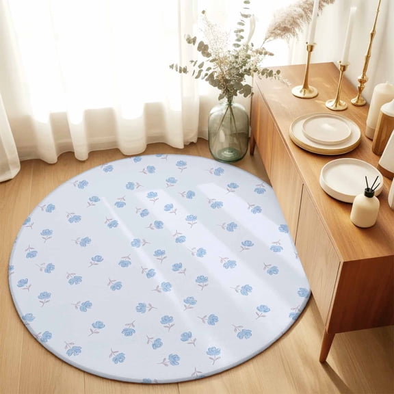 Round Rugs 6Ft, Blue Flowers Round Area Rug Washable Indoor Throw Carpet, Spring Floral Elegant Pastoral Botanical Soft Non Slip Circle Rug for Office Cabinet Home Decor Aesthetic