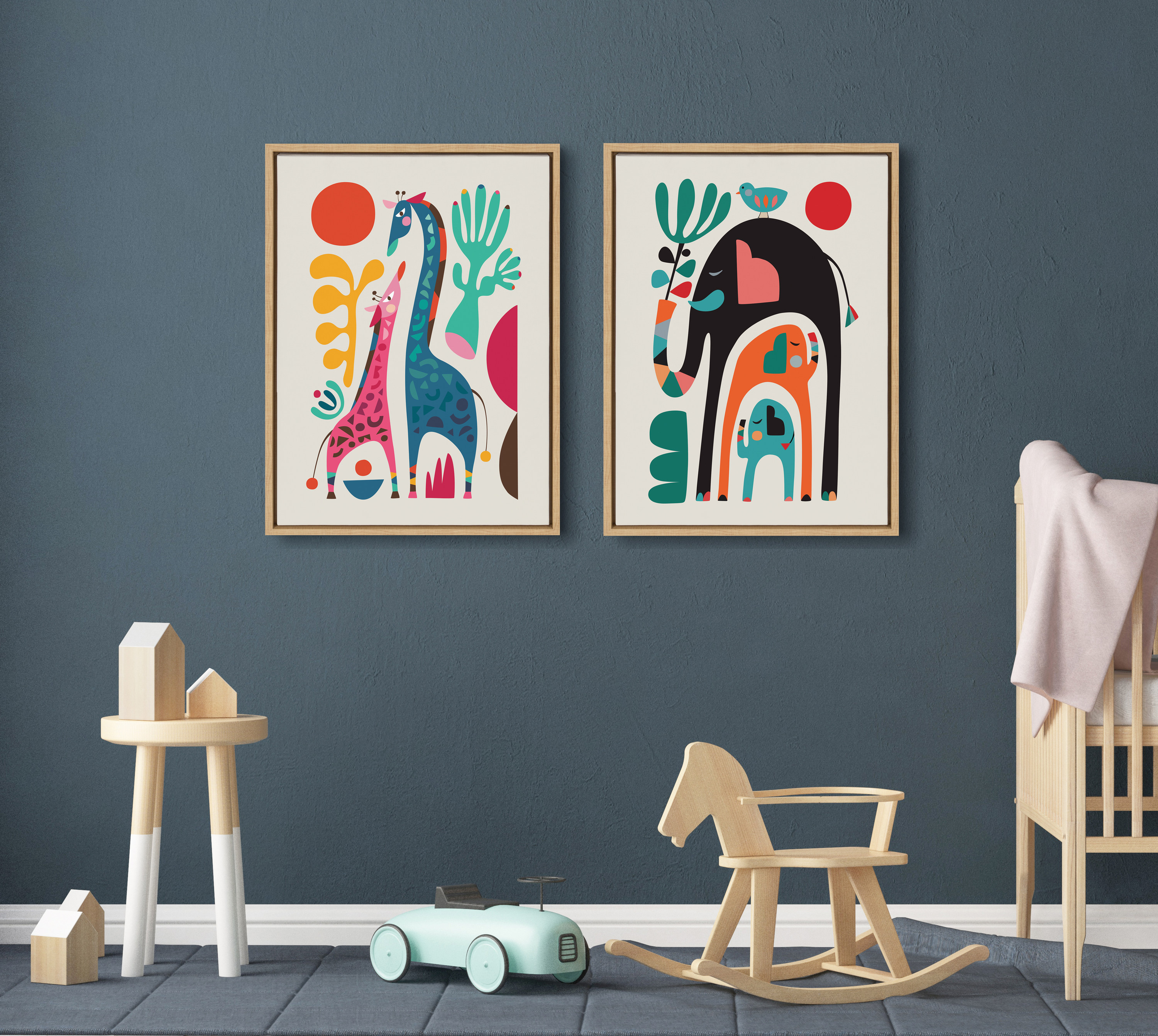 Kate and Laurel Sylvie Three Elephants Framed Canvas Wall Art by Rachel Lee of My Dream Wall, 18x24 Natural, Chic Abstract Animal Art for Wall