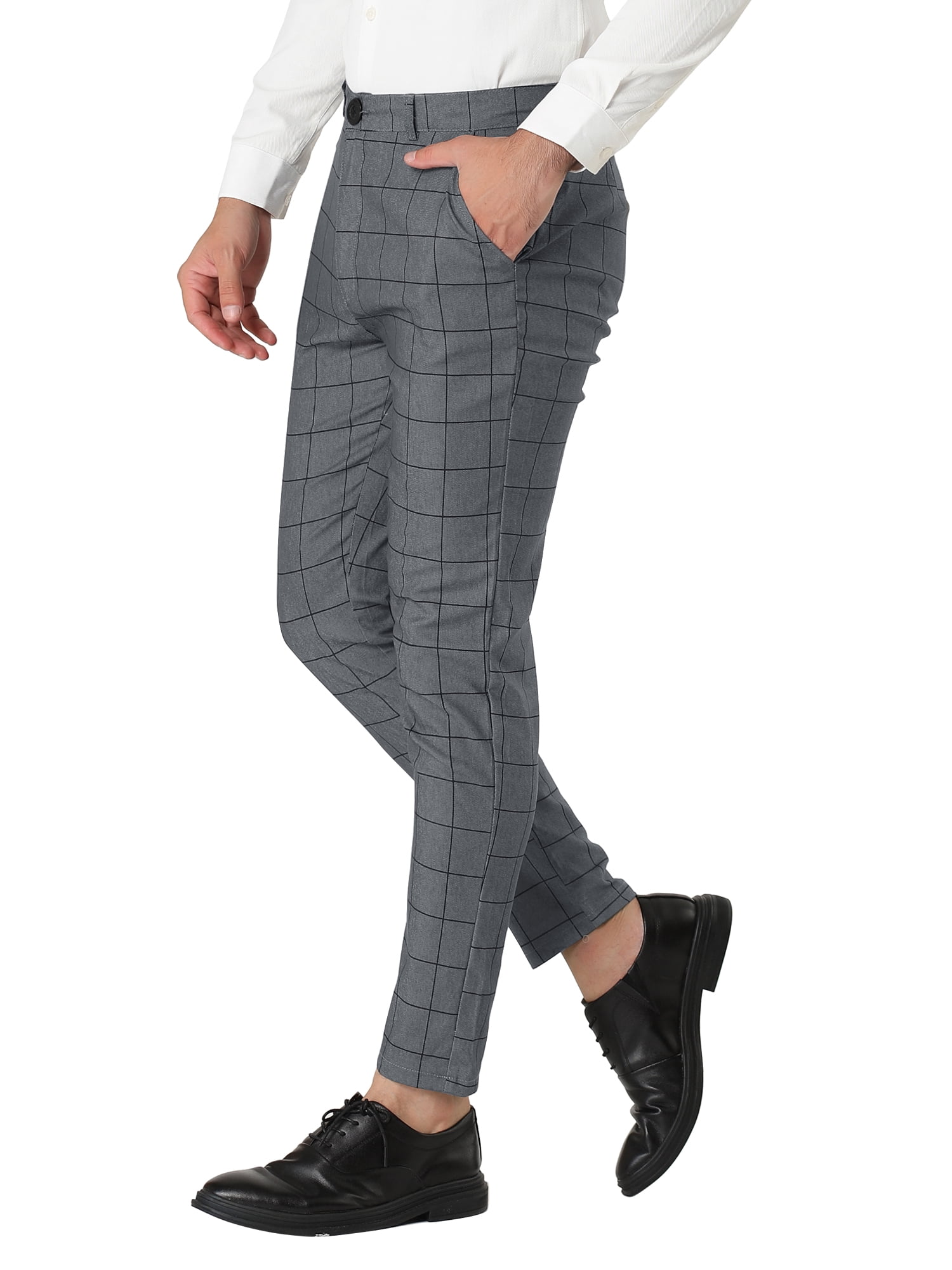 Unique Bargains Men's Slim Fit Plaid Business Pants Trousers with Pockets 34 Gray